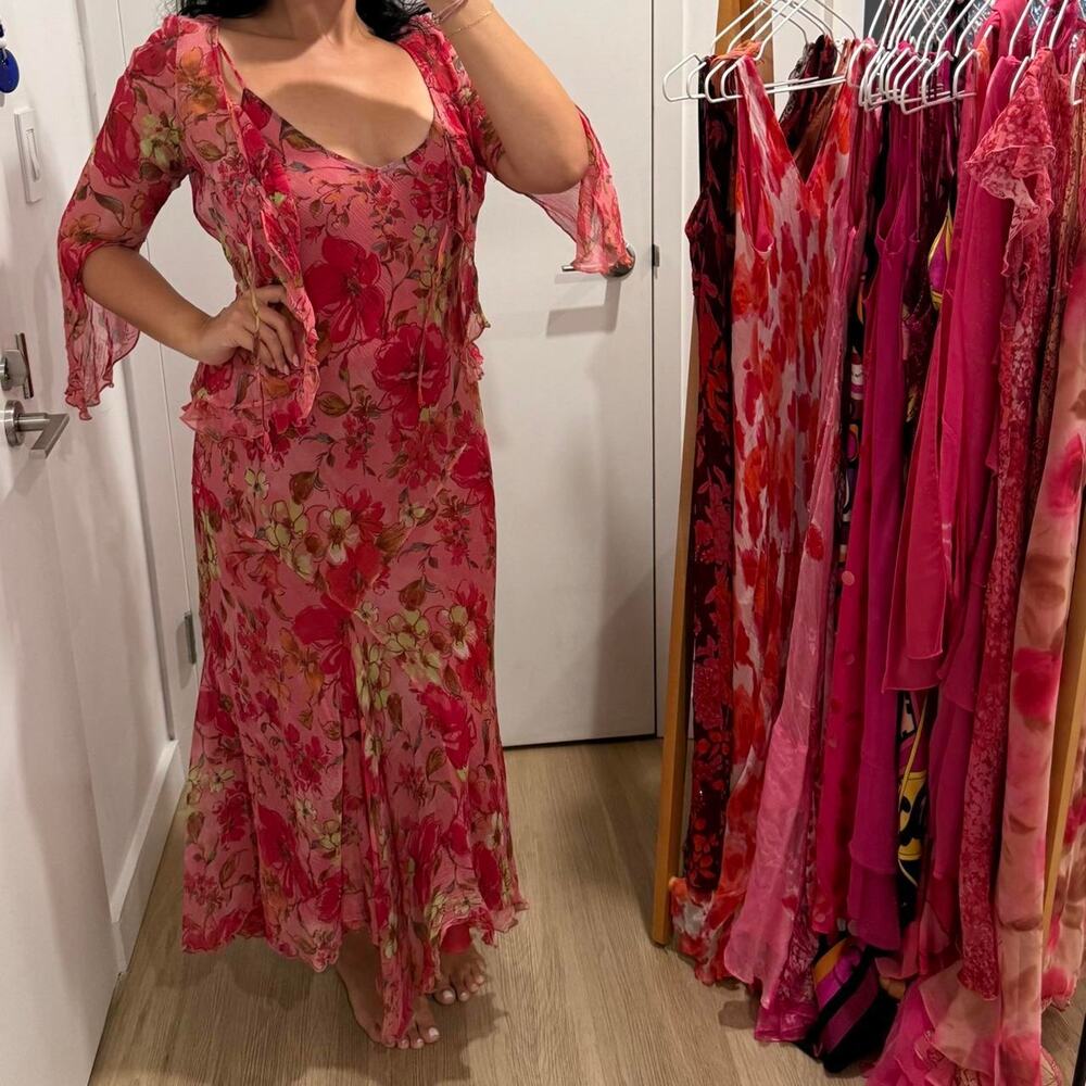 Euro Vintage Floral Silk Dress + Matching Cardigan Set